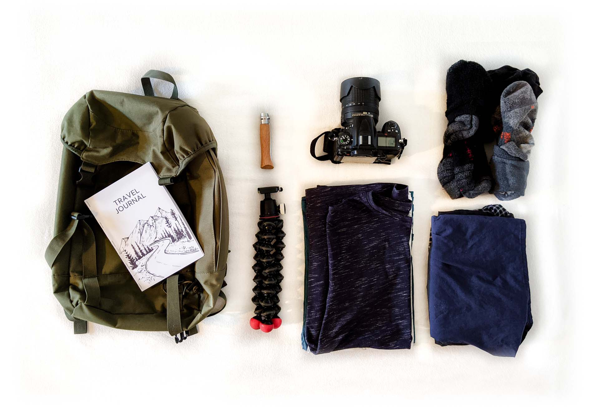 Rucksack packen mit Reisetagebuch vor der Reise
